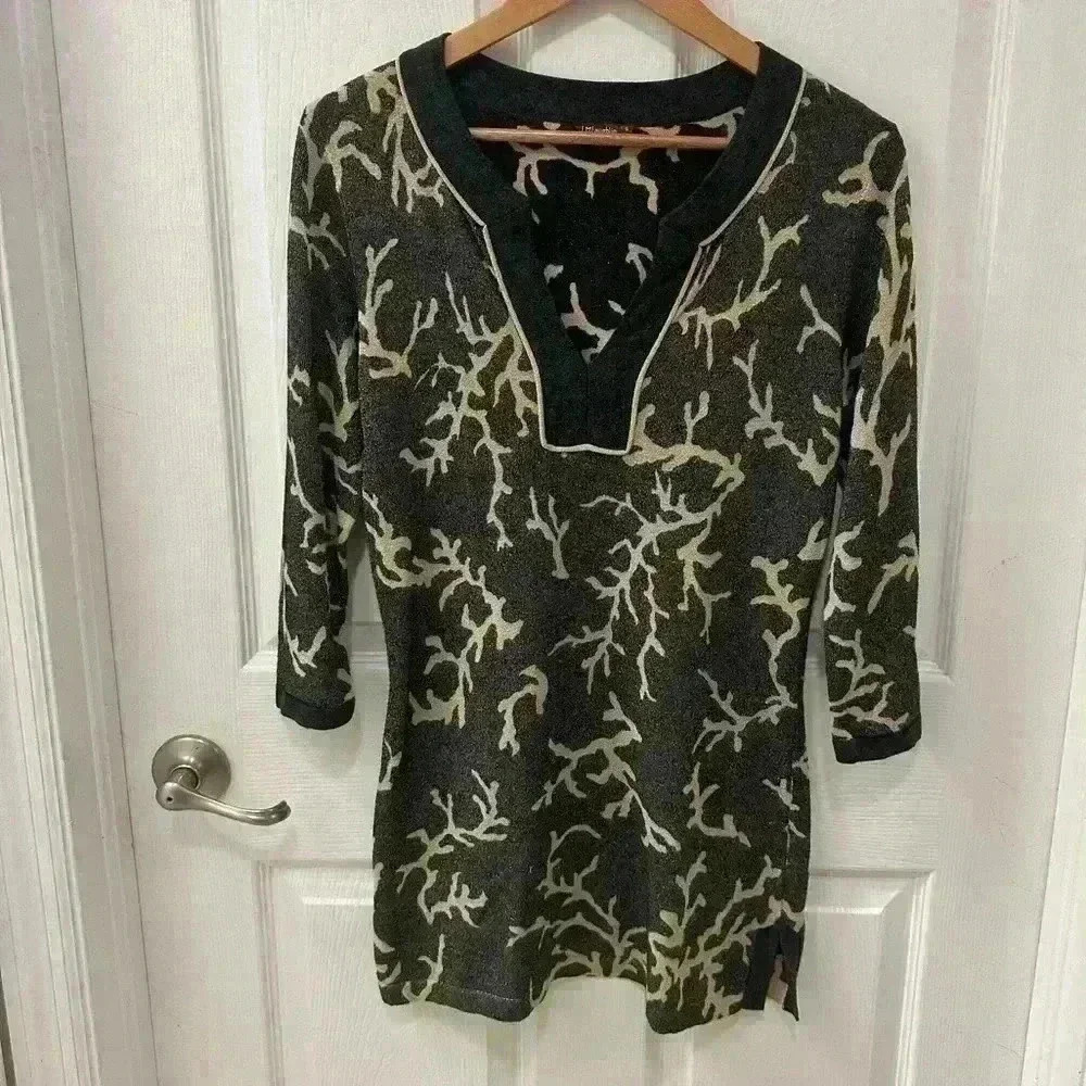 Ladies J. McLaughlin BOCA Gray Tan Metallic Twig Tunic Sweater S Work Attire